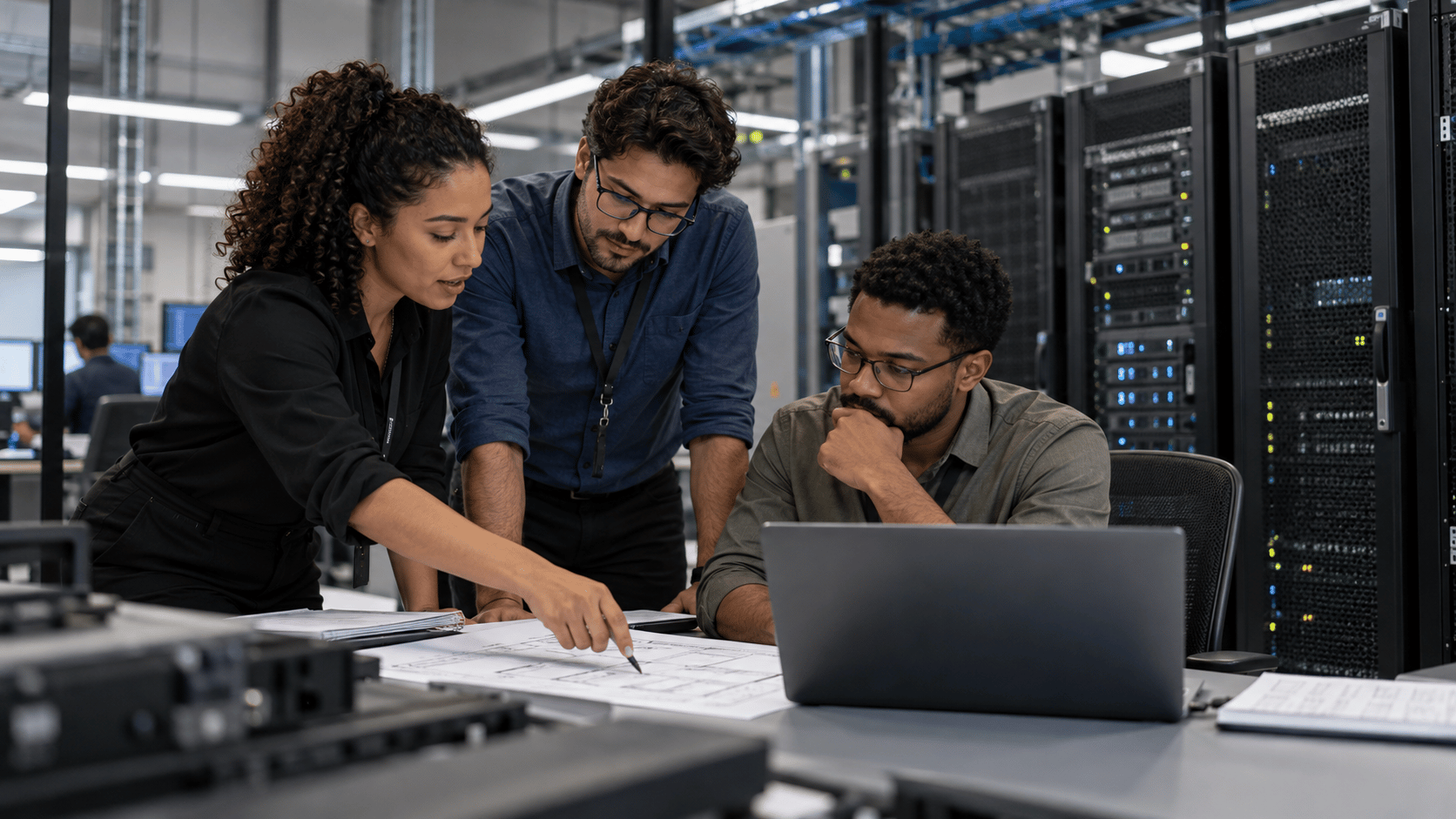 Profissionais de tecnologia analisando juntos uma infraestrutura no Data Center