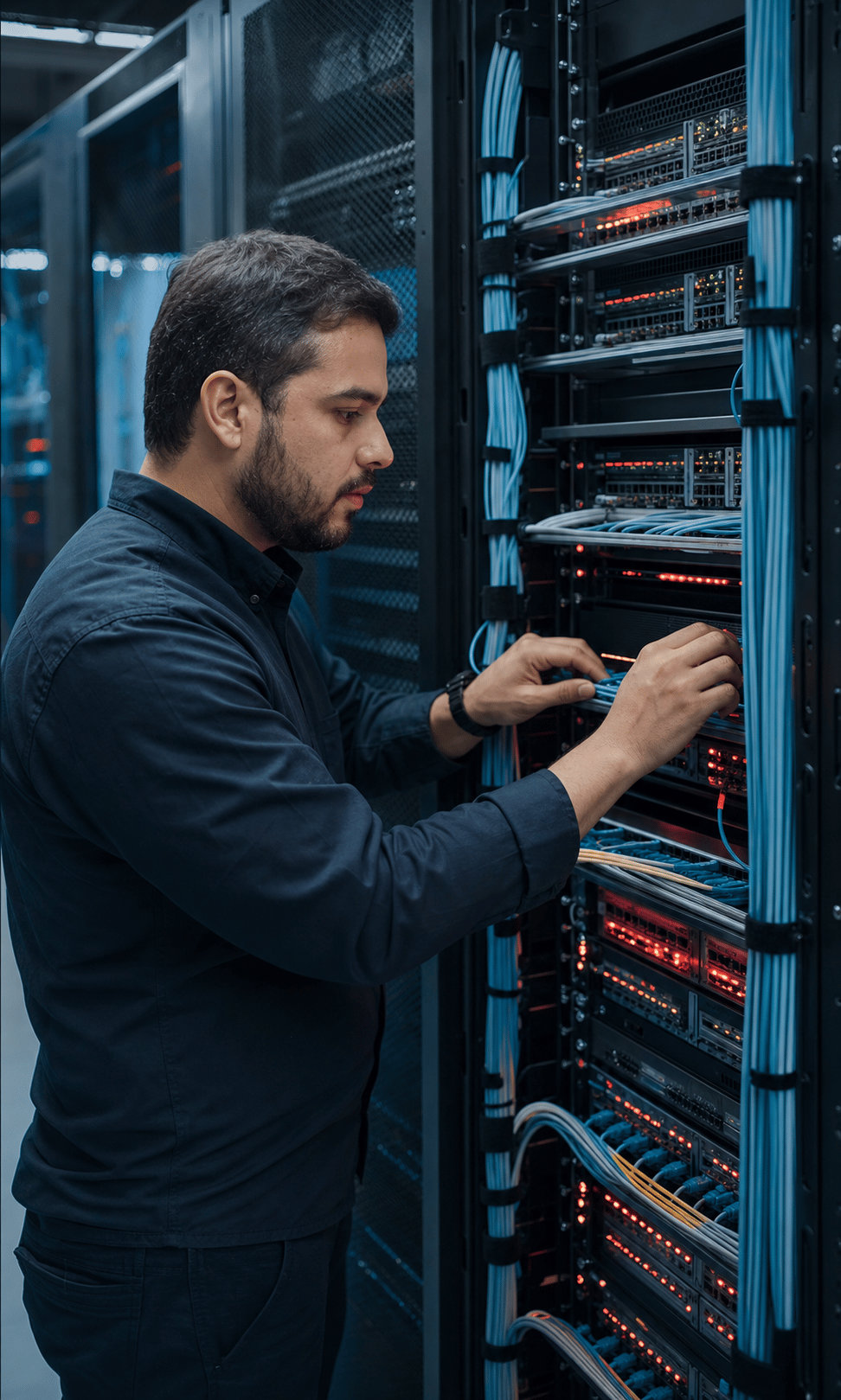 Especialista atuando nos equipamentos de rede do Data Center