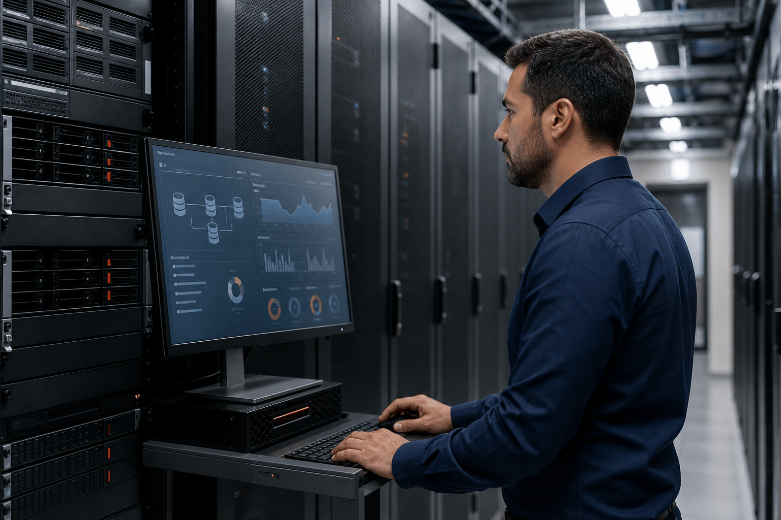 Especialista monitorando a infraestrutura de banco de dados no Data Center